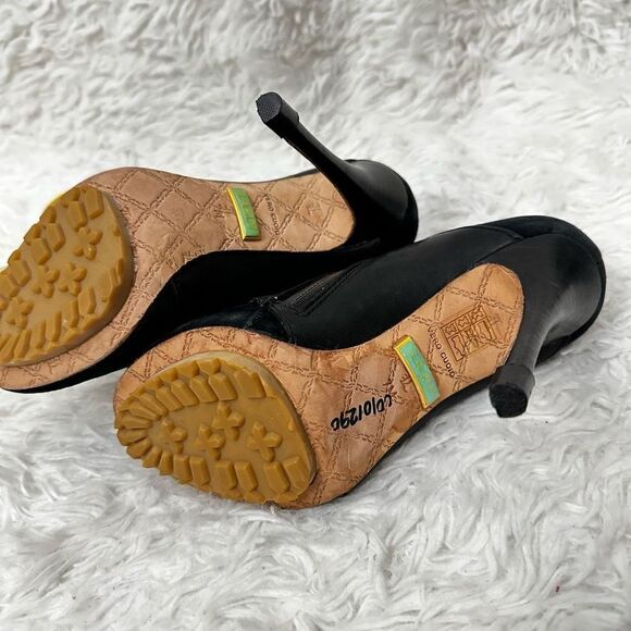 L.A.M.B. Black Peep Toe Leather & Suede Chunky Buckle Ultra High Heel sz 7 M - Picture 8 of 10